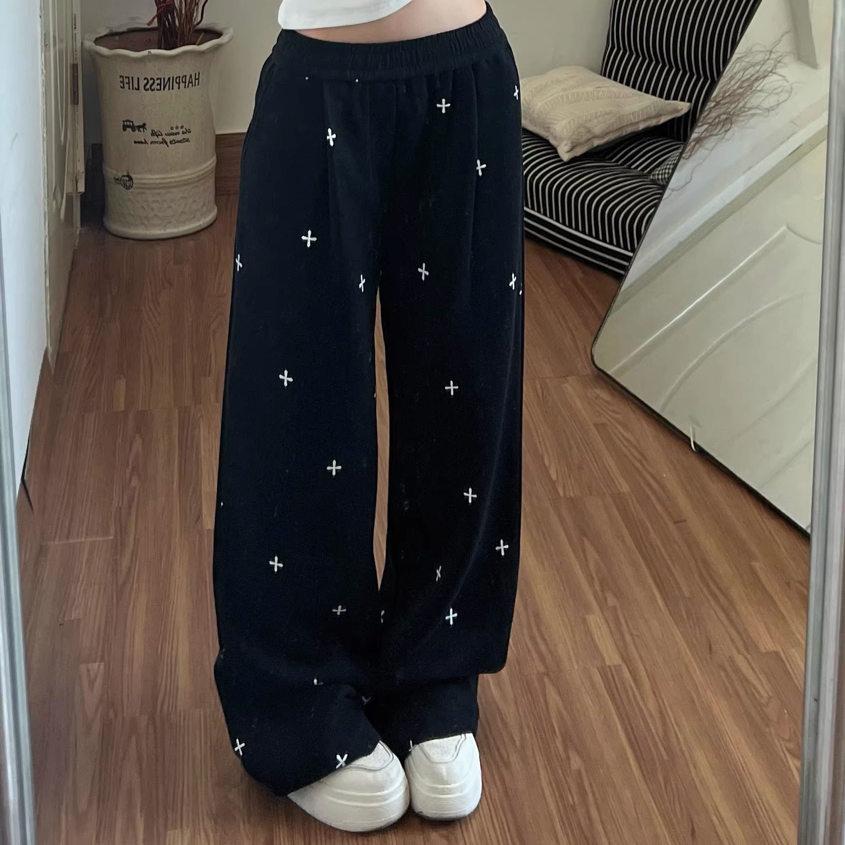 美式复古十字满印休闲裤女秋冬季百搭直筒简约阔腿宽松运动卫裤子,女装/女士精品,休闲裤,淘宝优惠券,粉丝福利购,淘宝优惠卷