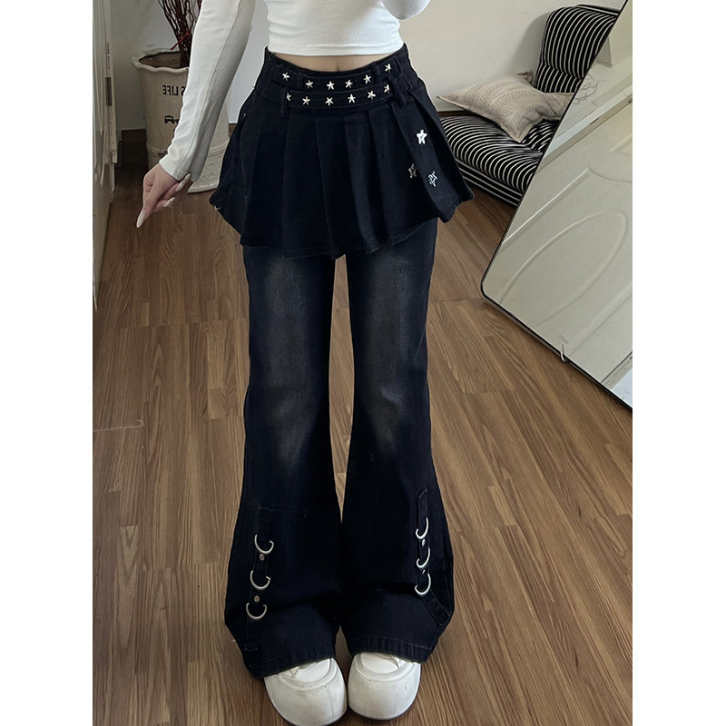 假两件辣妹星星微喇牛仔裤女款2025秋冬新款修身设计感辣妹休闲裤