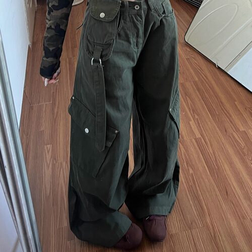 美式复古多口袋工装裤女新款欧美弯刀廓形百搭褶皱阔腿宽松裤子潮