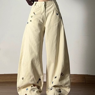 潮酷趣味炸街宽松阔腿休闲弯刀裤 女秋冬新款 子 卡通刺绣休闲裤 美式