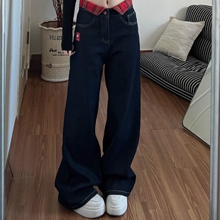 韩版kitty猫刺绣高腰牛仔裤女款秋冬新款甜美街头辣妹阔腿拖地裤