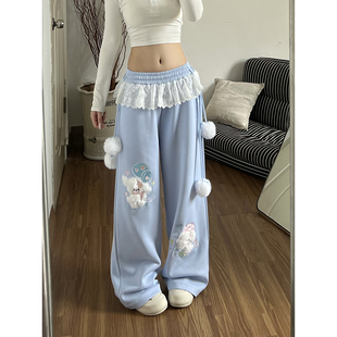 小狗毛绒刺绣休闲裤女2025年新款时尚潮流蕾丝屁帘秋冬慵懒阔腿裤