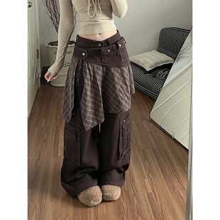 高级感棕色格子屁帘牛仔裤女款2025冬季新款宽松显瘦休闲拖地裤子