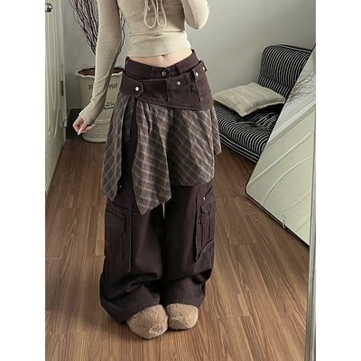 高级感棕色格子屁帘牛仔裤女款2025冬季新款宽松显瘦休闲拖地裤子