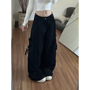 女款 裤 2025冬季 新款 子潮 美式 宽松直筒拖地阔腿裤 字母印花黑色工装