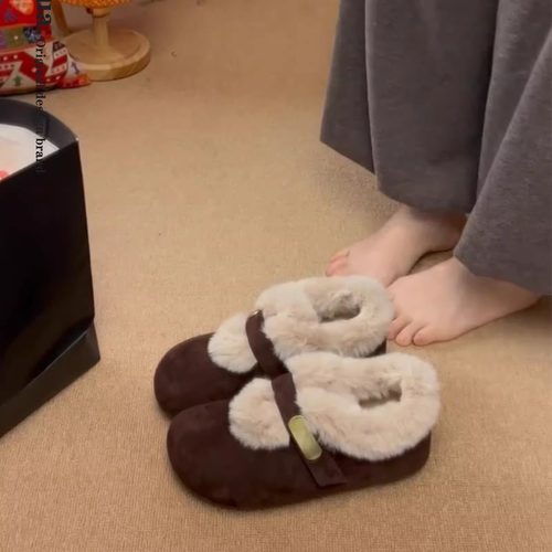 复古棕色毛绒全包勃肯鞋女加绒一脚蹬保暖懒人鞋百搭搭扣单鞋