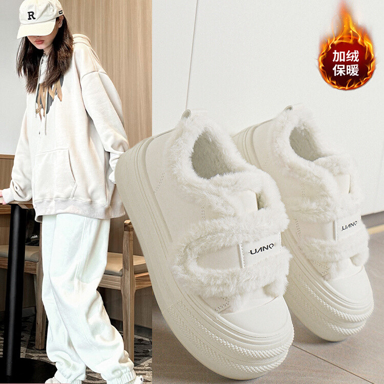 厚底魔术贴棉鞋雪地靴女冬季2025新款加绒加厚毛毛鞋保暖板鞋