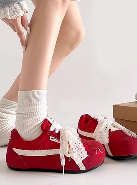 红色苹果鞋女2025新款经典复古运动夏季休闲薄底薄款芭蕾德训鞋