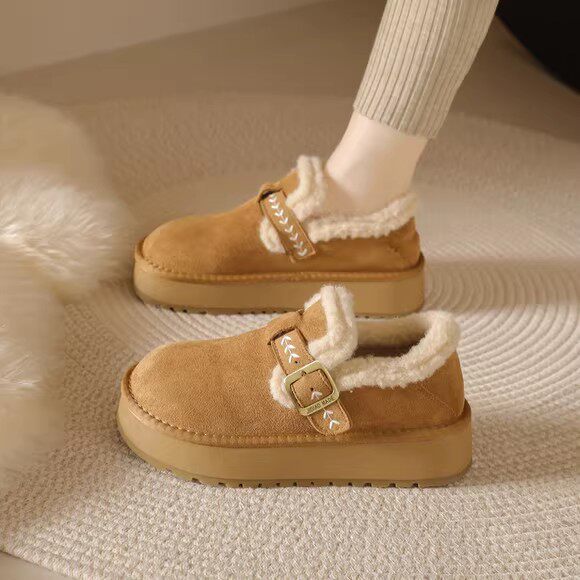 厚底加绒勃肯鞋女款2025新款冬季加绒加厚保暖全包博肯毛毛棉鞋子