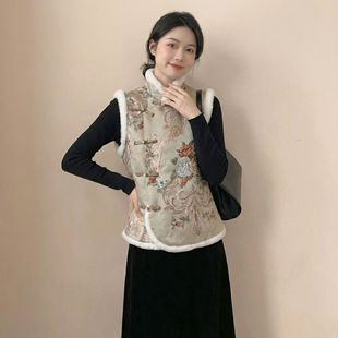 2025年秋冬季复古文艺国风毛领背心小袄女装百搭唐装旗袍立领马甲