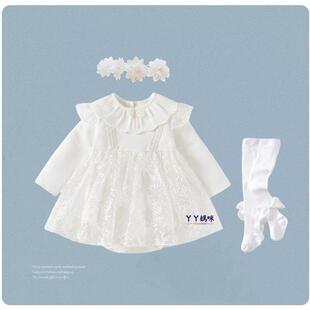 婴儿公主裙秋冬装德绒女宝宝满月百日宴超萌拍照蕾丝哈裙周岁礼服