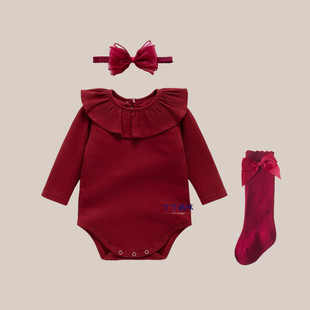 新生婴儿满月红色衣服春秋装纯棉包屁衣女宝宝百日宴周岁公主哈衣