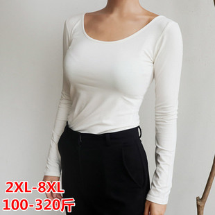 上衣 秋衣200斤纯色莫代尔T恤300斤长袖 秋冬加大码 胖MM大U领打底衫