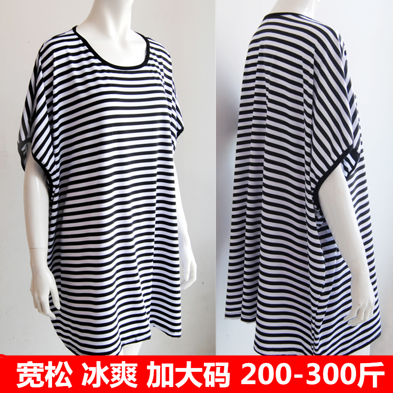 夏季短袖连衣裙200斤300240斤蝙蝠袖宽松特大码家居孕妇条纹T恤裙