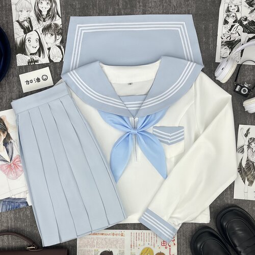 樱奈家水蓝白三本半拉链款水手服