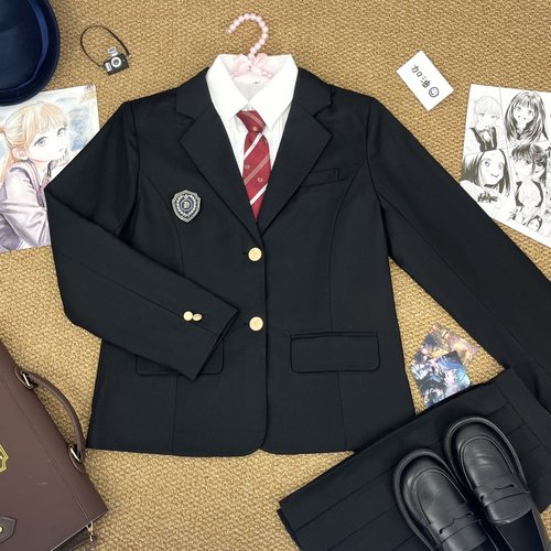 原创二粒扣黑色长袖百褶裙套装