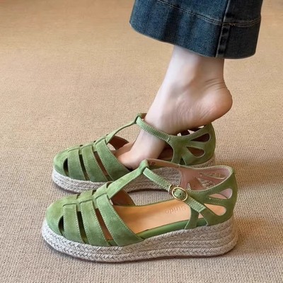 法式复古镂空编织包头凉鞋女