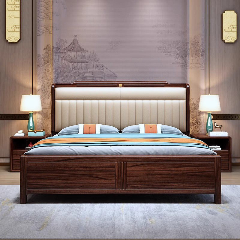 乌金木实木床全实木主卧新中式1.8米双人床1.5米软靠真皮储物婚床
