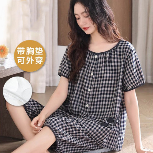 睡衣女夏季短袖七分裤开衫加大码家居服套装带胸垫休闲宽松韩版女