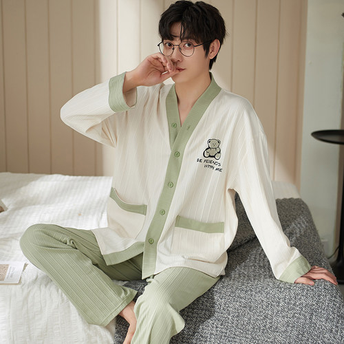睡衣男秋长袖和服开衫纯棉加大码