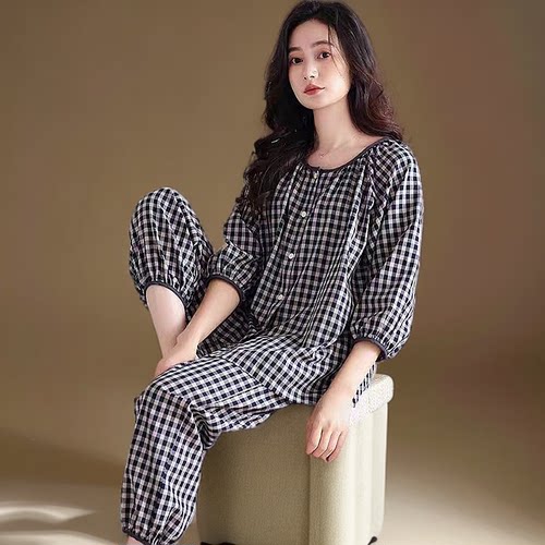 睡衣女夏季短袖长裤韩版休闲开衫家居服套装可外穿夏季新款加大码