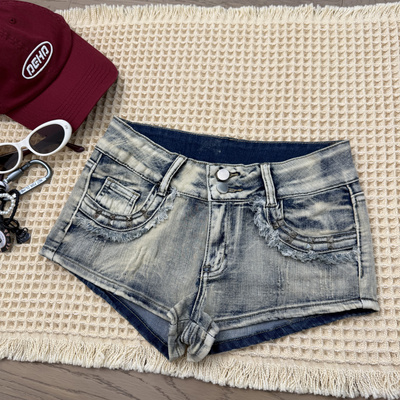 美式辣妹低腰牛仔超短裤女夏季紧身包臀热裤复古修身性感直筒裤子