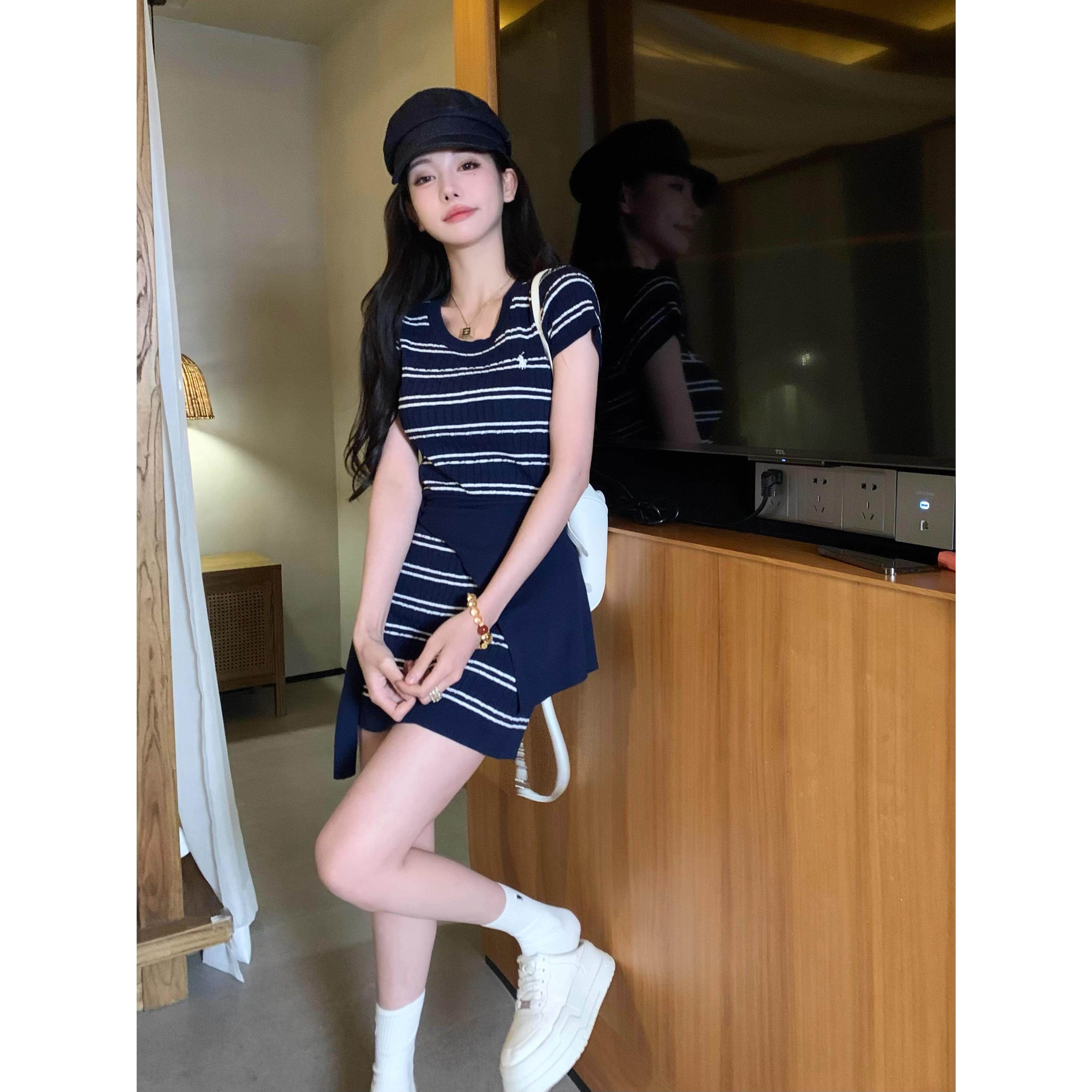 韩国海军学院小香风冰丝条纹连衣裙女夏辣妹OL小个子披肩套装短裙
