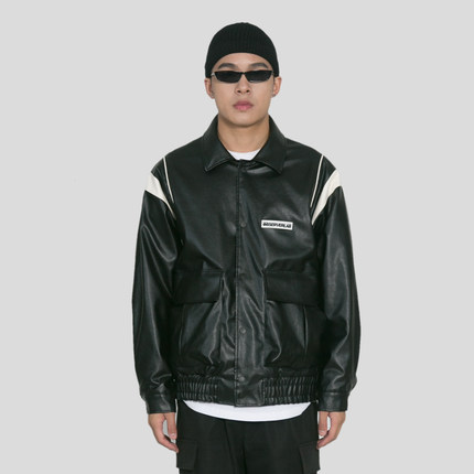 OBS OBSERVER LAB黑白撞色拼接PU机车皮衣男女国潮秋冬翻领外套夹