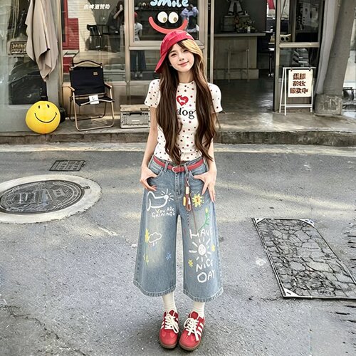 多巴胺穿搭涂鸦牛仔七分裤女2026夏季宽松直筒街头显高休闲阔腿裤