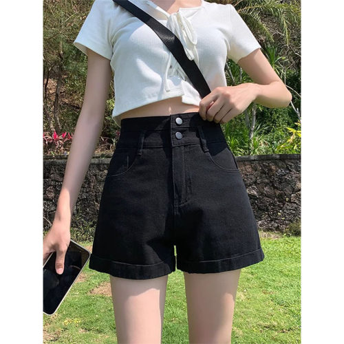 大码牛仔短裤女夏薄款2025新款高腰显瘦辣妹宽松a字黑色潮ins热