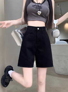黑色牛仔五分裤女夏季薄款5分短裤高腰宽松显瘦大码阔腿直筒中裤