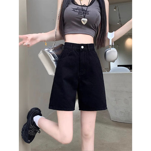黑色牛仔五分裤女夏季薄款5分短裤高腰宽松显瘦大码阔腿直筒中裤