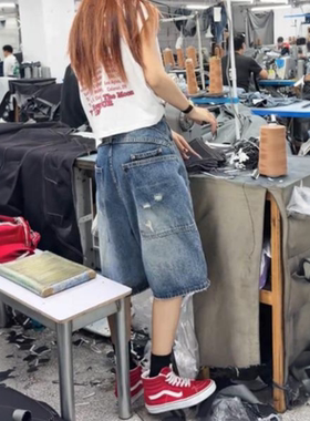美式破洞牛仔短裤女夏季薄款2026新款高腰中裤大码胖mm显瘦五分裤