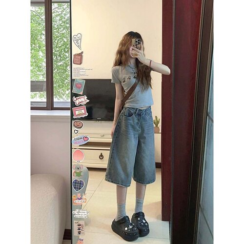 大码美式复古a字七分牛仔短裤女夏季胖mm高腰显瘦直筒阔腿中裤子