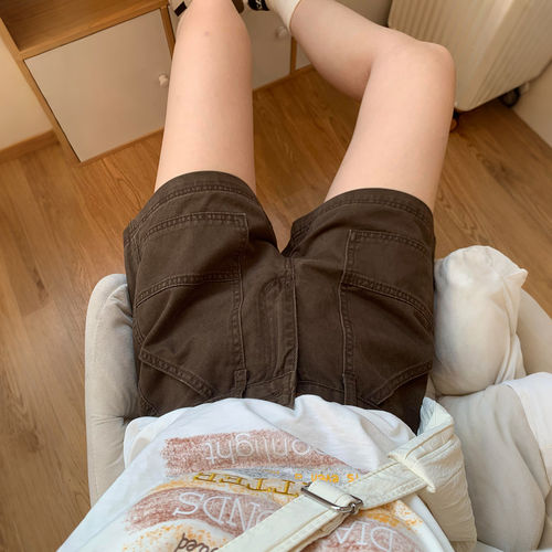棕咖色大码复古工装牛仔短裤女2026夏季新款高腰显瘦直筒a字热裤