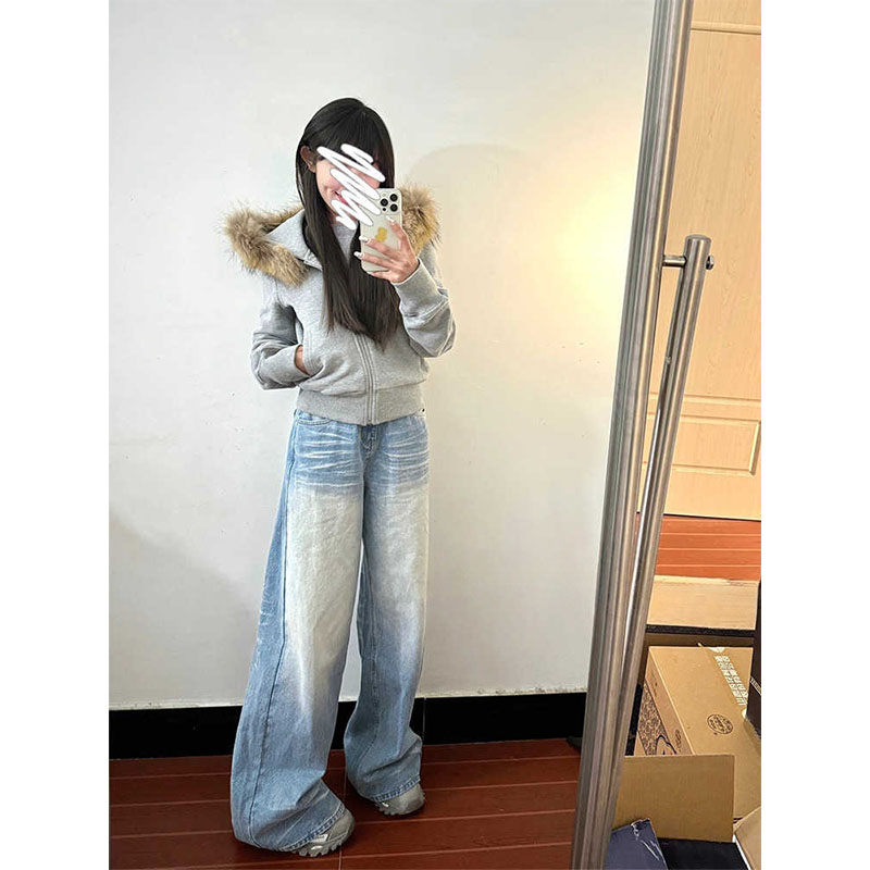 大码美式复古折痕水洗牛仔裤女夏季胖mm高腰拖地长裤宽松阔腿裤子