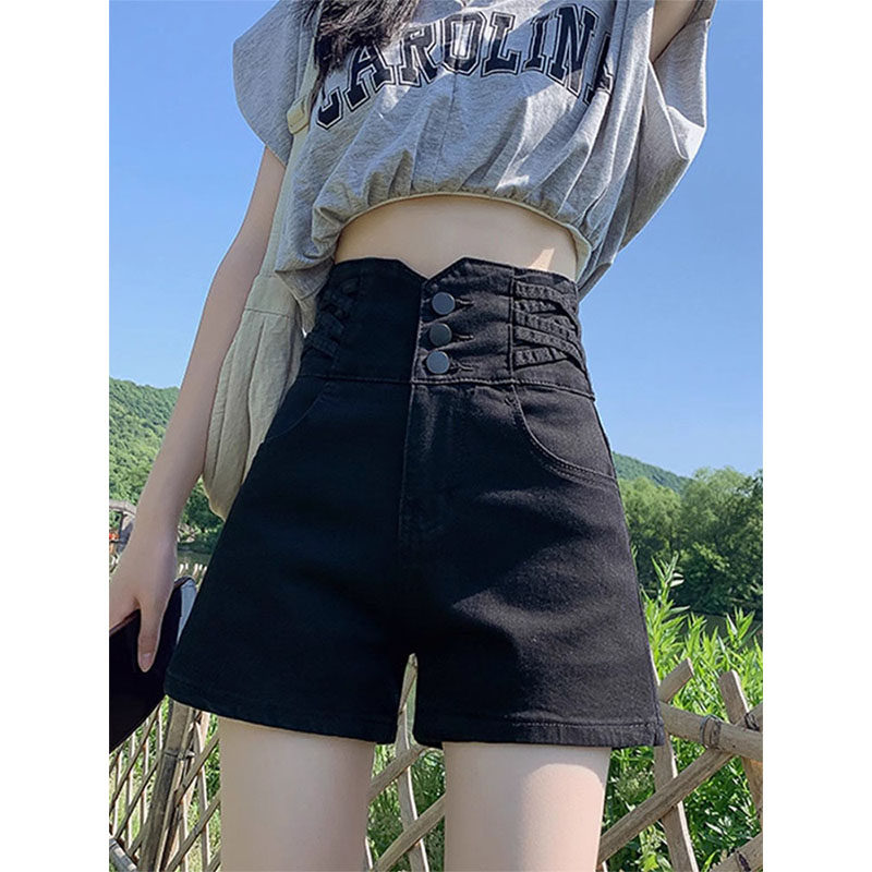 弹力黑色牛仔短裤女春夏大码胖mm外穿排扣收腹超高腰阔腿a字热裤