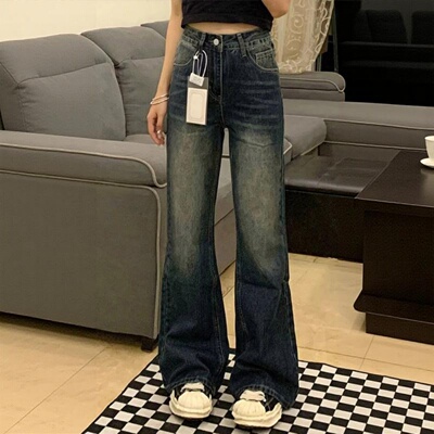 美式大码高腰微喇牛仔裤女梨型身材秋季新款胖mm不贴腿阔腿喇叭裤