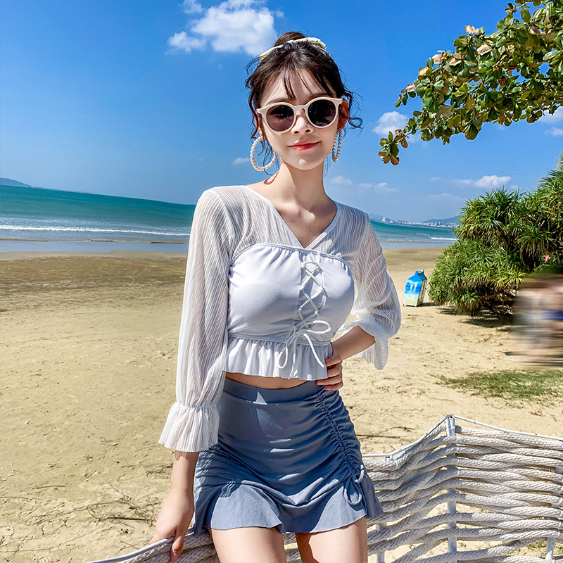 长袖裙式泳衣女分体式少女泳装两件套保守温泉度假聚拢游泳衣