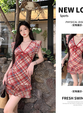 泳衣女款复古格子裙式独立平角裤两件套保守显瘦温泉泳衣专业