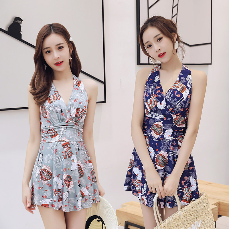 连体泳衣女性感吊带小胸显瘦平角裙式泳衣海边度假泡温泉泳装