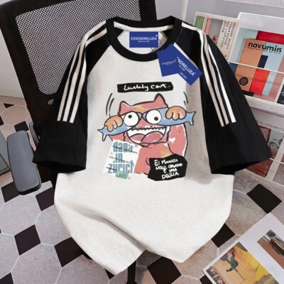 夏季盐系卡通三条杠短袖T恤女生