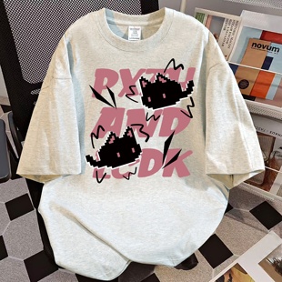 百搭纯棉扎染休闲上衣服 T恤女新款 2025夏季 像素小猫印花圆领短袖