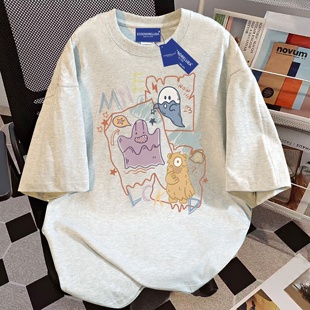 休闲宽松百搭上衣 新款 慵懒风穿搭幽灵印花纯棉短袖 t恤ins潮女夏季