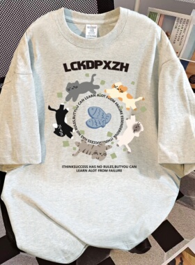 纯棉美式卡通圆圈小猫印花短袖t恤女夏季新款宽松白灰色重磅上衣