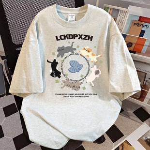 新款 t恤女夏季 宽松白灰色重磅上衣 卡通圆圈小猫印花短袖 纯棉美式