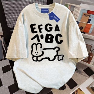 宽松美式 新款 圆领重磅上衣 t恤女夏季 纯棉学院风卡通兔子印花短袖
