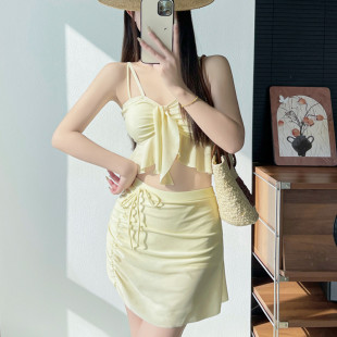 2026新款 少女风三件套泳衣女奶黄蝴蝶结设计遮胯显瘦海边温泉泳装