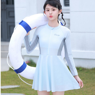 遮肚显瘦学生海边泳池泳装 泳衣女2026新款 防晒连体裙式 运动风长袖