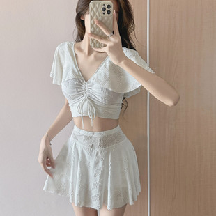 夏季短袖泳衣女学生保守高腰分体平角裙式两件套带胸垫泡温泉套装